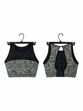 Bravissimo Sports Bra‎ Women 32G Blue Yellow Leopard Print Mesh Keyhole Athletic